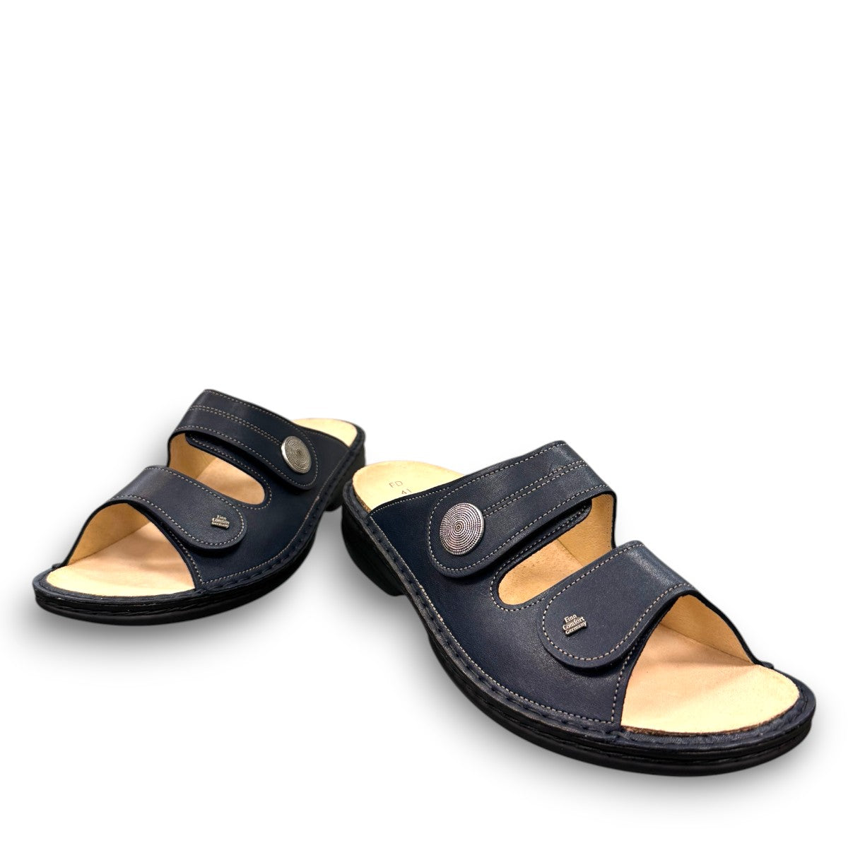 Finn Comfort Sansibar blue leather sandal with two adjustable hook and loop straps and cork footbed.
photo of the front side