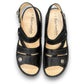 Finn Comfort Gomera black leather sandal with adjustable hook and loop straps and cork footbed.
photo of the top side