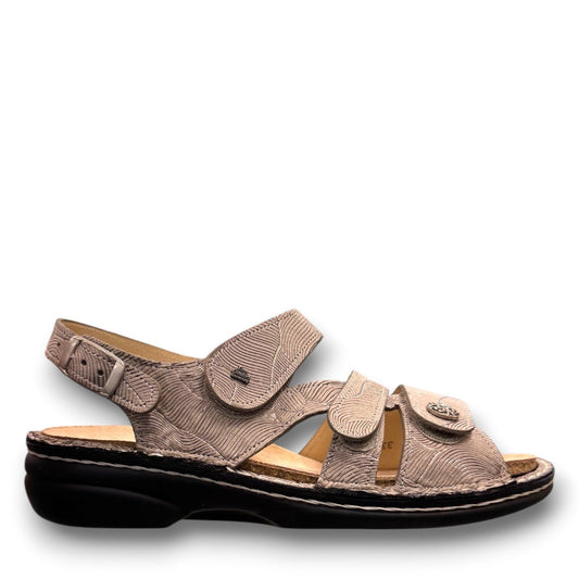 Finn Comfort Gomera sandal in storm sand leather with adjustable straps and cork footbed.
photo of the right side