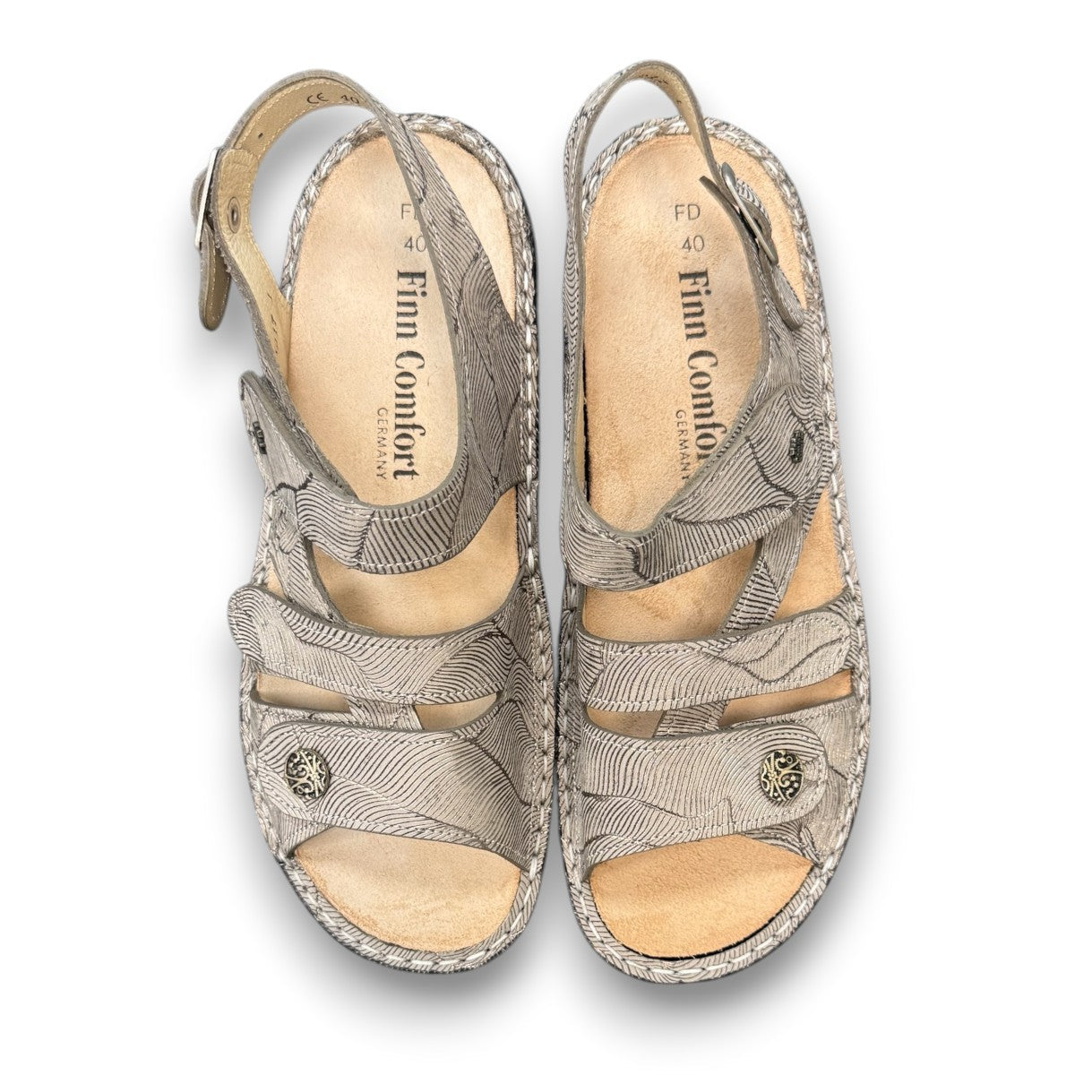 Finn Comfort Gomera sandal in storm sand leather with adjustable straps and cork footbed.
photo of the top side