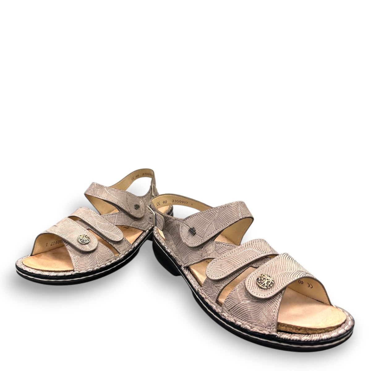 Finn Comfort Gomera sandal in storm sand leather with adjustable straps and cork footbed.
photo of the front side