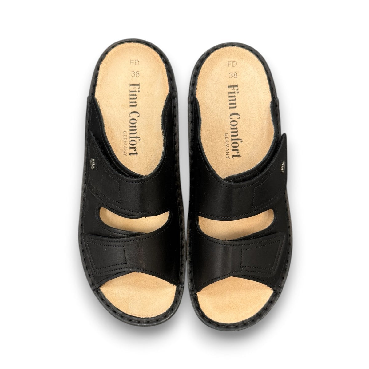 Finn Comfort Jamaica black nappa leather slide sandals with two adjustable hook and loop straps.
photo of the top side