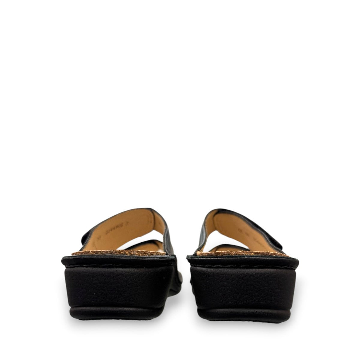 Finn Comfort Jamaica black nappa leather slide sandals with two adjustable hook and loop straps.
photo of the back side