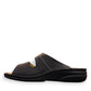 Finn Comfort Sansibar black leather sandal with two adjustable straps and decorative silver button.
photo of the left side