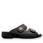 Finn Comfort Sansibar black leather sandal with two adjustable straps and decorative silver button.
photo of the right side