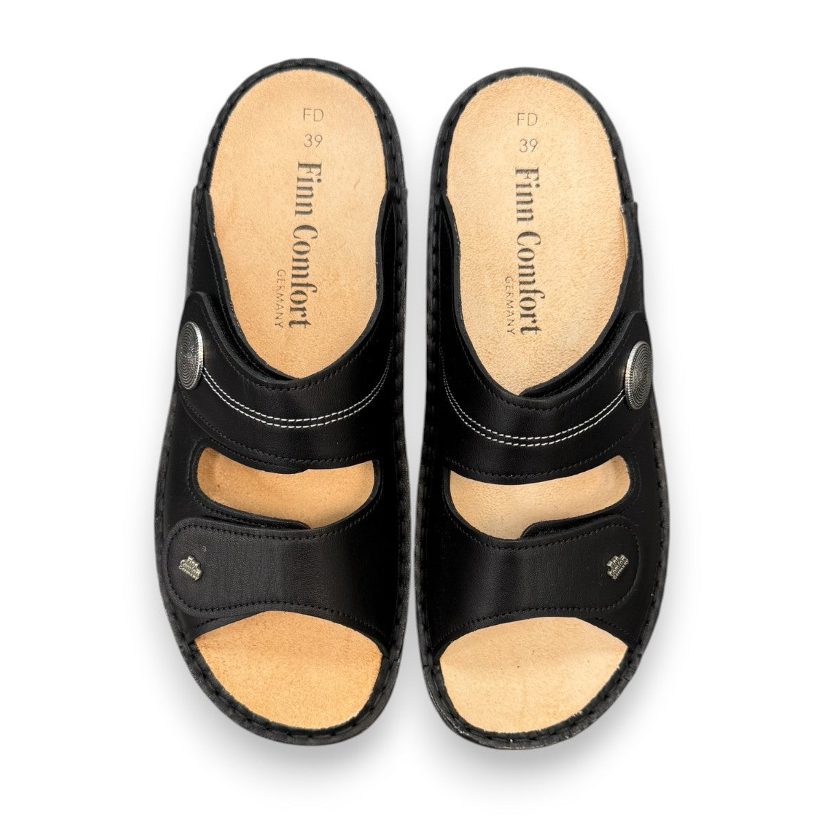 Finn Comfort Sansibar black leather sandal with two adjustable straps and decorative silver button.
photo of the top side