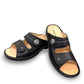 Finn Comfort Sansibar black leather sandal with two adjustable straps and decorative silver button.
photo of the front side