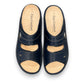 Finn Comfort Sansibar blue leather sandal with two adjustable hook and loop straps and cork footbed.
photo of the top side