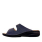 Finn Comfort Sansibar blue leather sandal with two adjustable hook and loop straps and cork footbed.
photo of the left side
