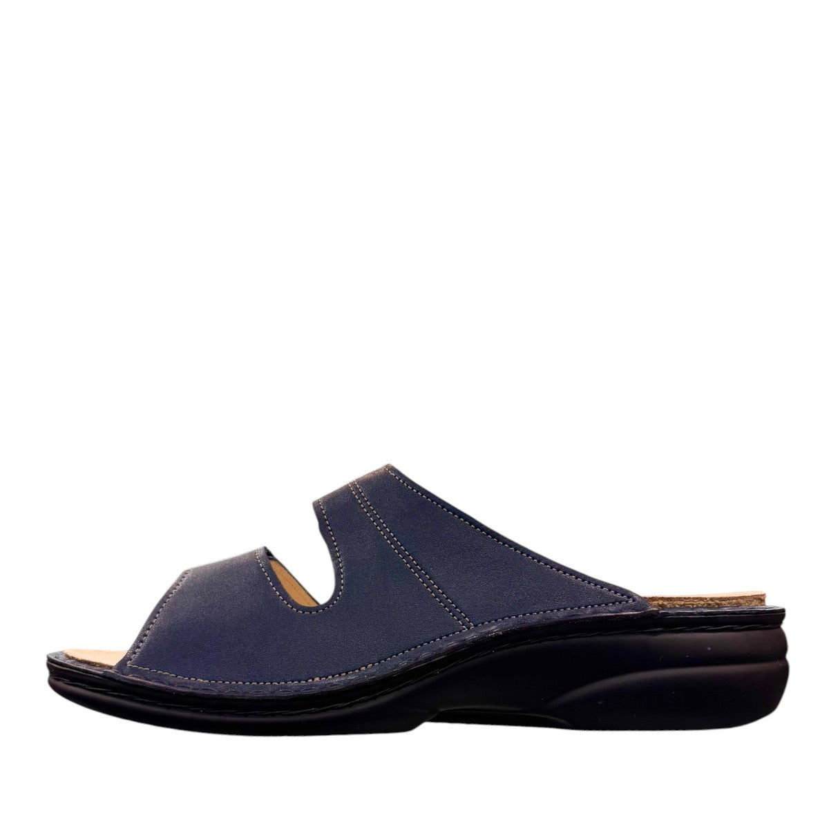 Finn Comfort Sansibar blue leather sandal with two adjustable hook and loop straps and cork footbed.
photo of the left side