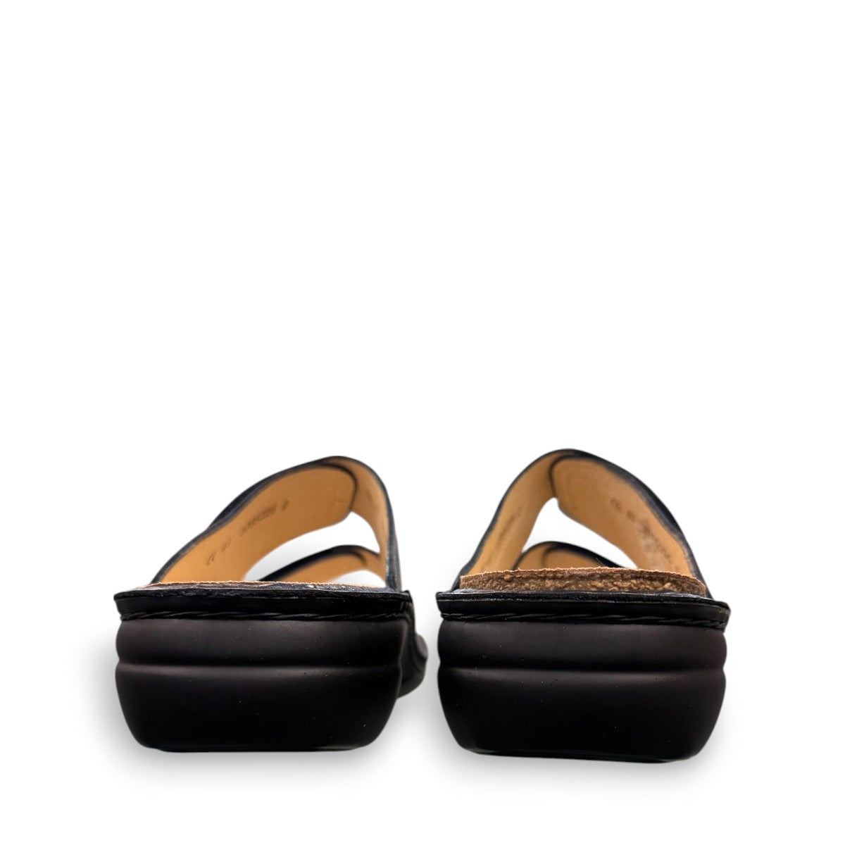 Finn Comfort Sansibar blue leather sandal with two adjustable hook and loop straps and cork footbed.
photo of the back side