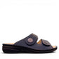 Finn Comfort Sansibar blue leather sandal with two adjustable hook and loop straps and cork footbed.
photo of the right side