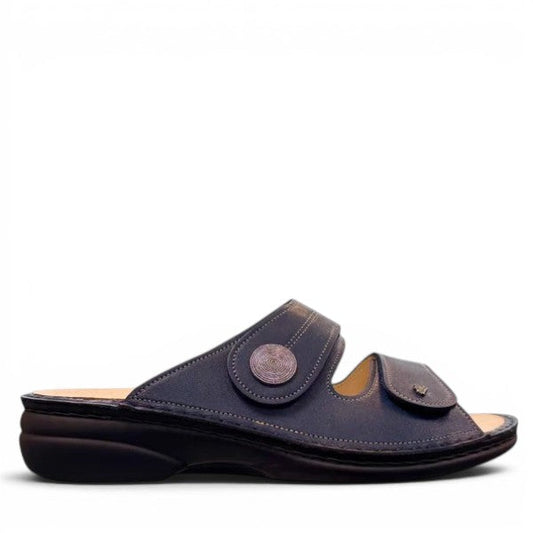 Finn Comfort Sansibar blue leather sandal with two adjustable hook and loop straps and cork footbed.
photo of the right side