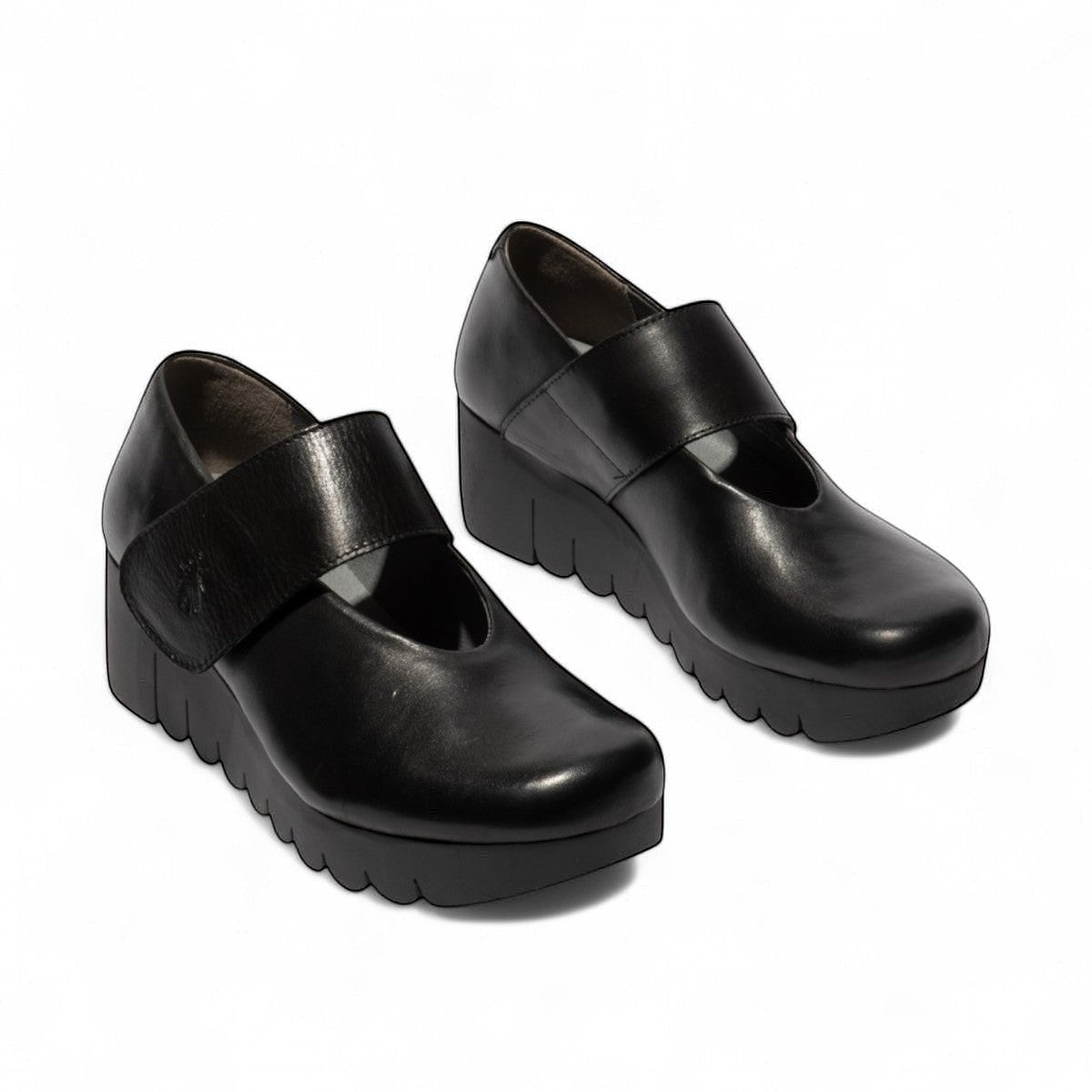 FLY LONDON Vari188Fly burn black leather wedge shoes with velcro strap and rubber sole.
photo of the front side