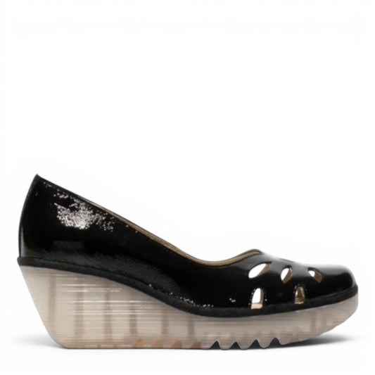 Fly London Yubi black patent leather wedge shoe with cut-out details and a translucent rubber sole.