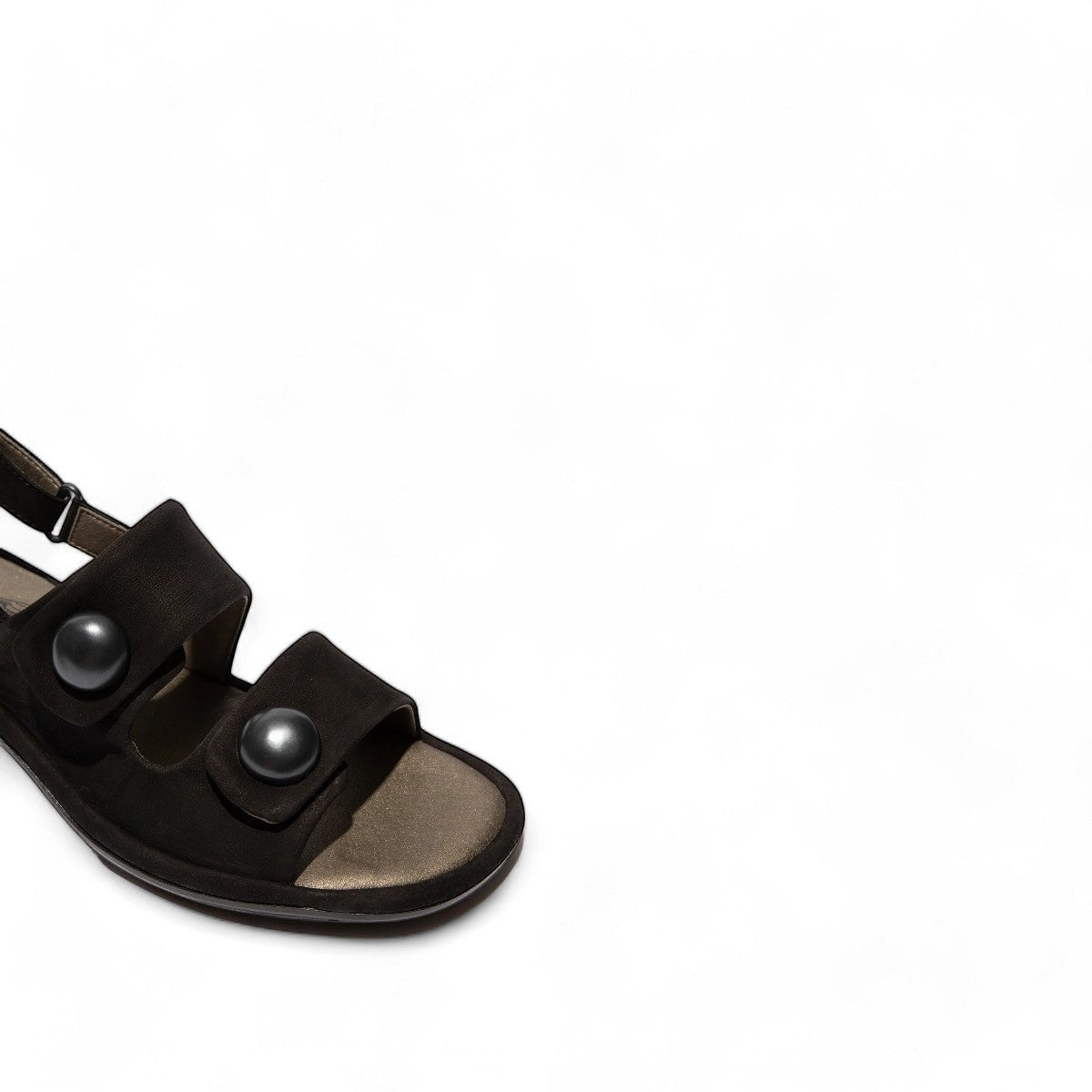 black leather slingback sandals with glossy stud details and a comfortable block heel.