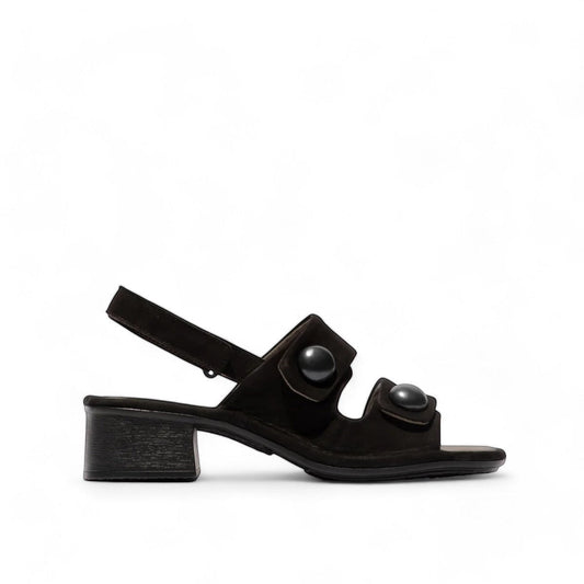 black leather slingback sandals with glossy stud details and a comfortable block heel.