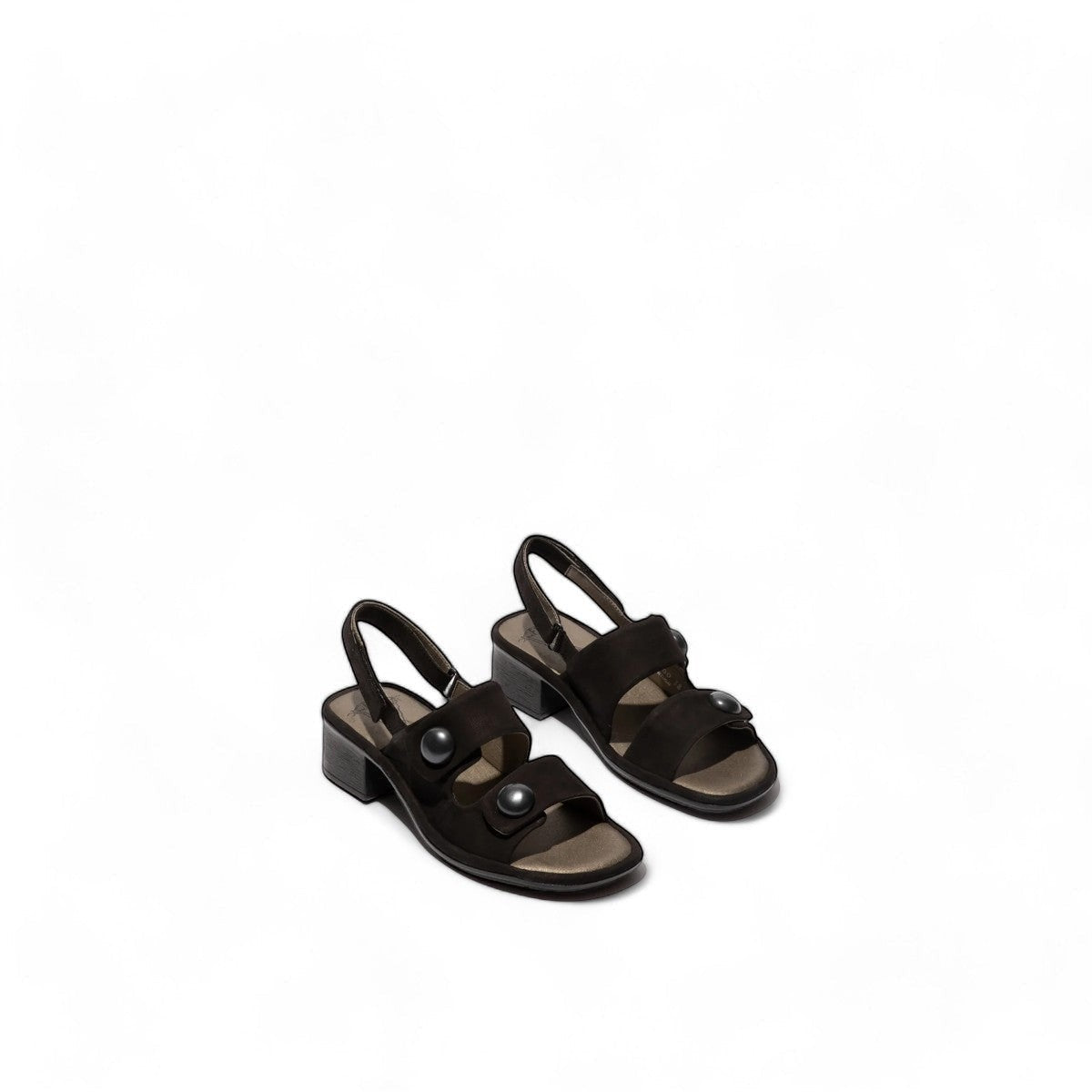 black leather slingback sandals with glossy stud details and a comfortable block heel.