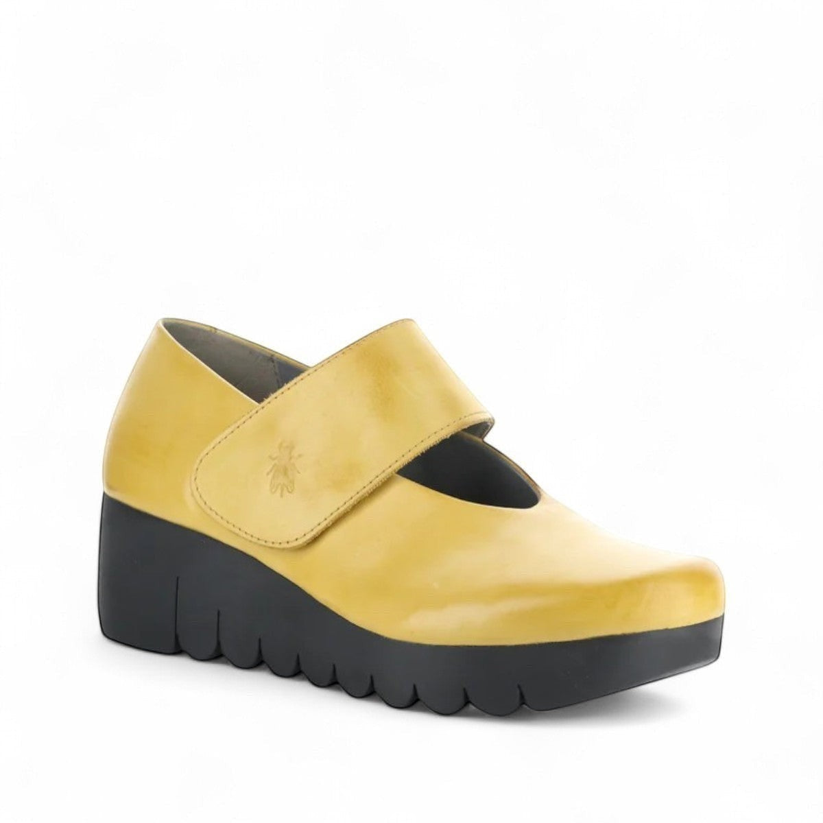 Fly London VARI188FLY 005 Mustard/ burn mary jane shoes with adjustable strap and wedge heel.