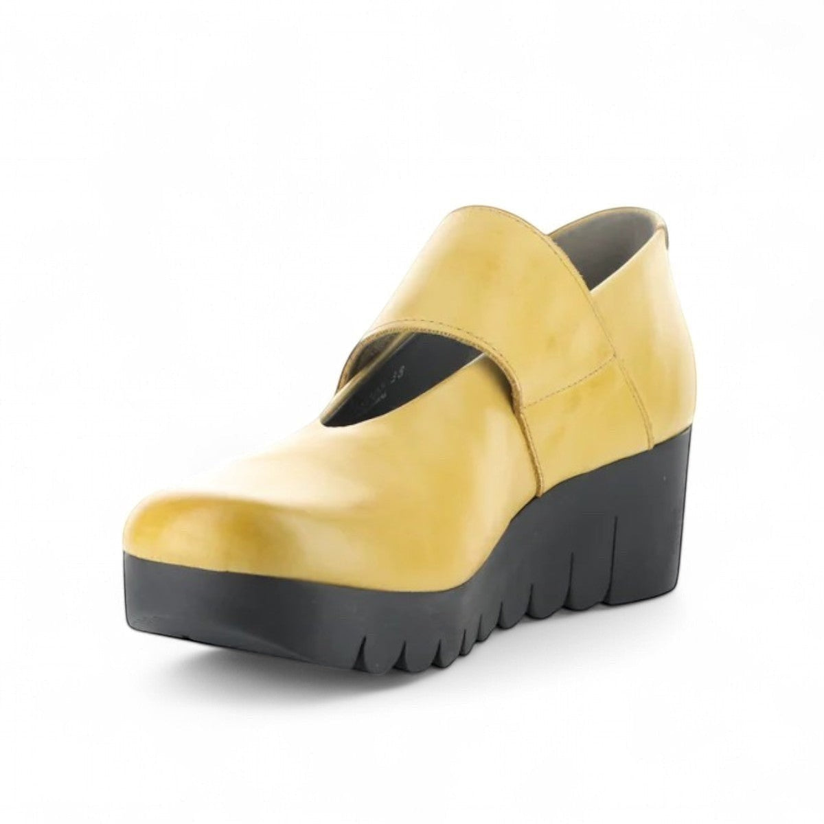 Fly London VARI188FLY 005 Mustard/ burn mary jane shoes with adjustable strap and wedge heel.