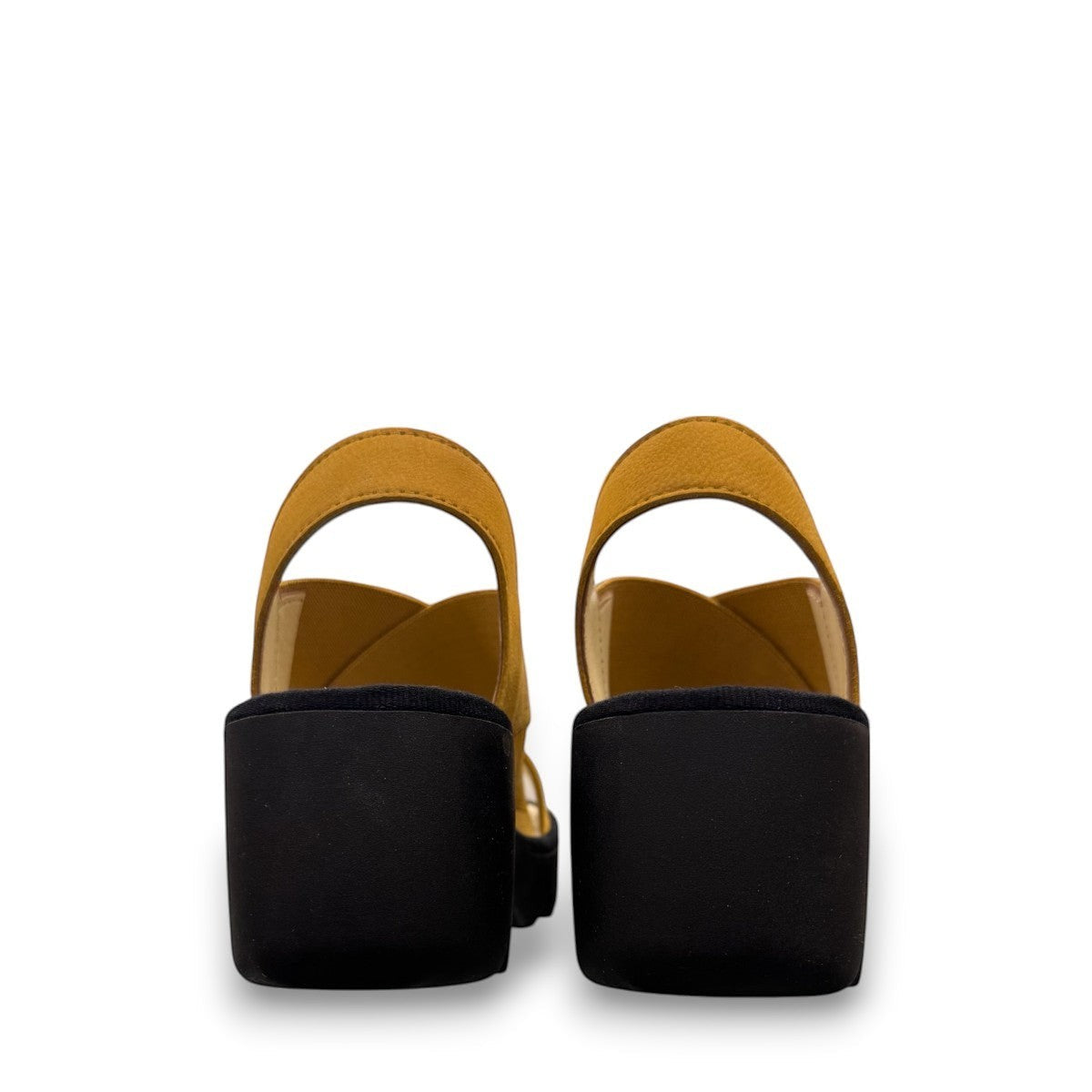 Fly London Taji502fly cupido bumblebee yellow elastic and leather platform sandals with a chunky lugged rubber sole.