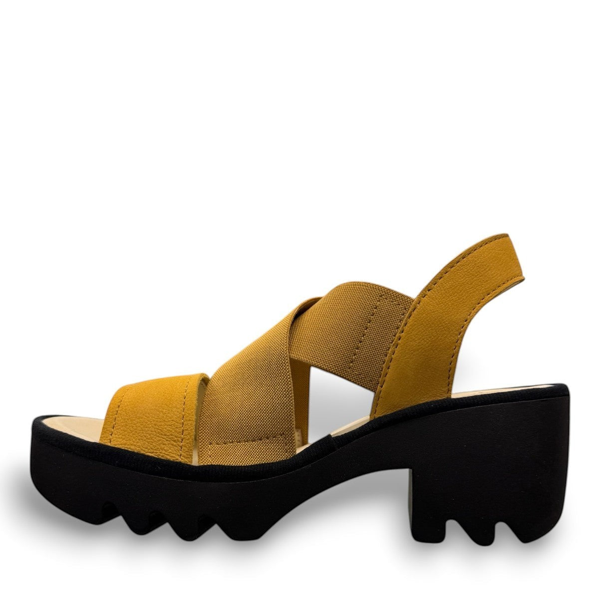 Fly London Taji502fly cupido bumblebee yellow elastic and leather platform sandals with a chunky lugged rubber sole.