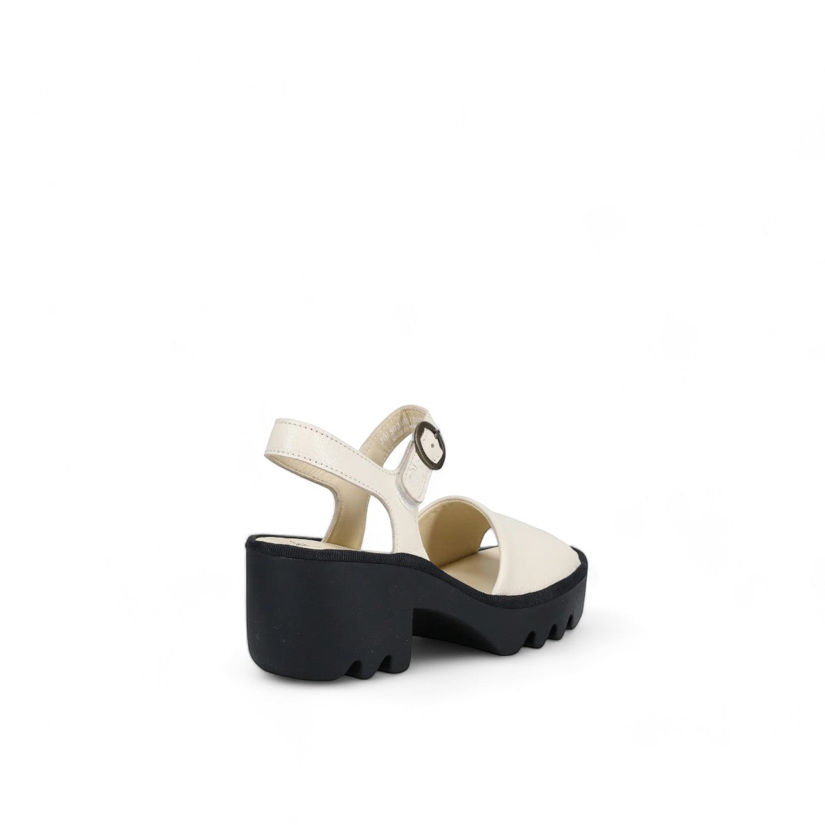 Fly London off-white leather sandals with a chunky black rubber platform sole and ankle strap.