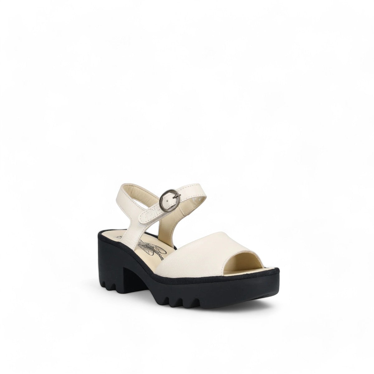 Fly London off-white leather sandals with a chunky black rubber platform sole and ankle strap.