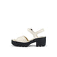 Fly London off-white leather sandals with a chunky black rubber platform sole and ankle strap.