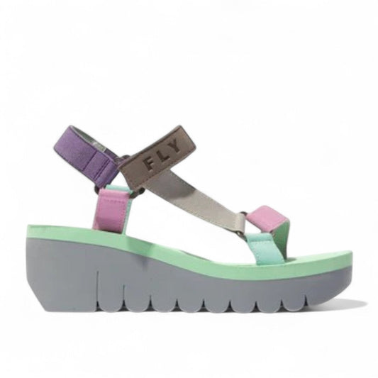 Fly London Yefa sporty wedge sandal in grey, pink, and mint green suede with velcro ankle strap