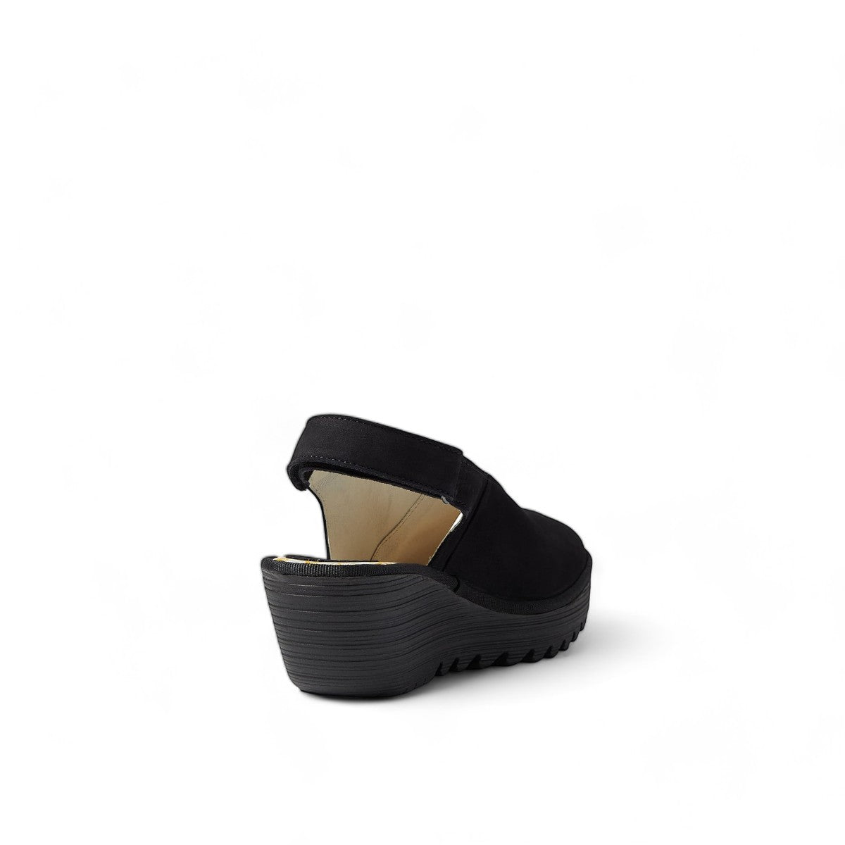 FLY LONDON black peep-toe wedge sandal with platform sole and elasticated slingback strap