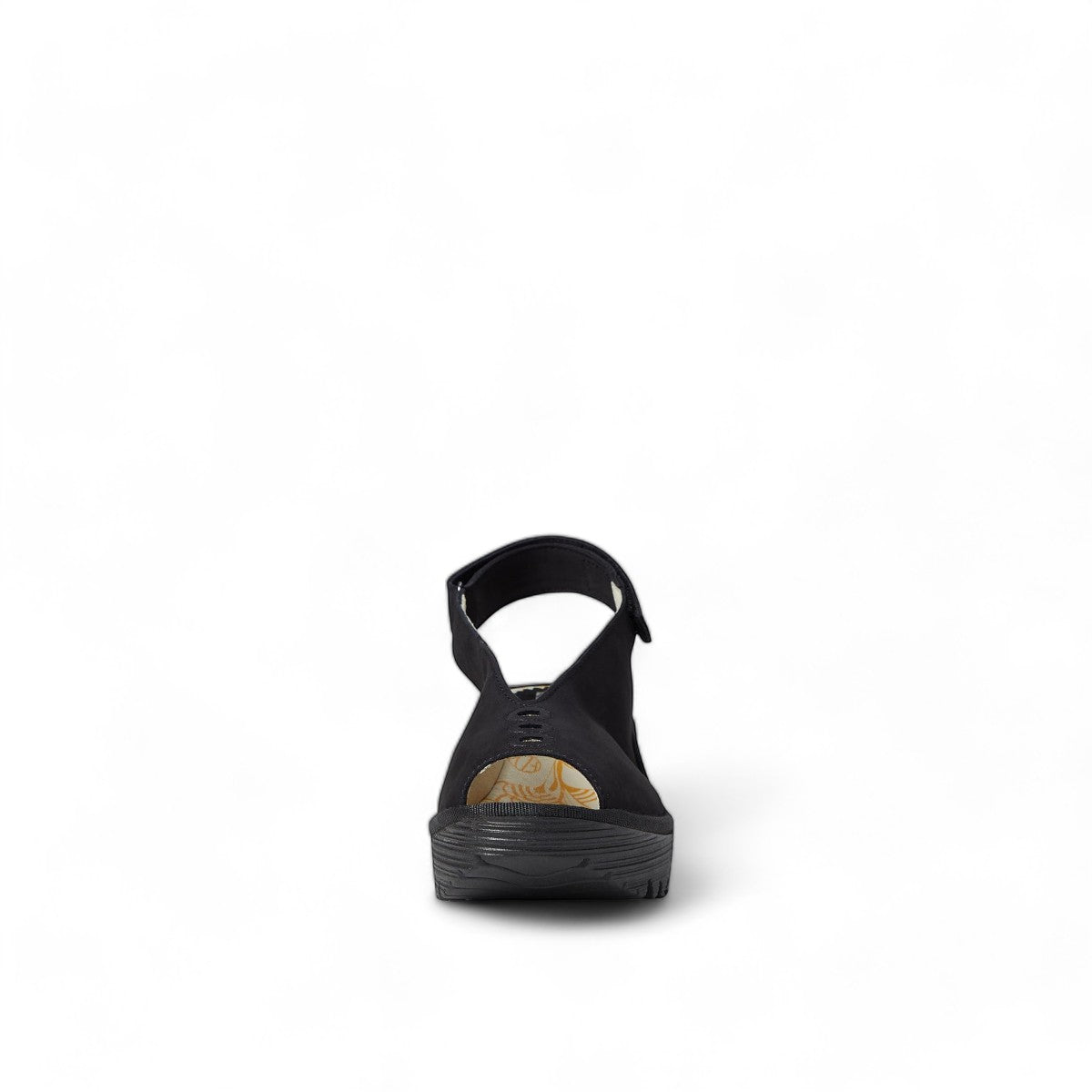 FLY LONDON black peep-toe wedge sandal with platform sole and elasticated slingback strap