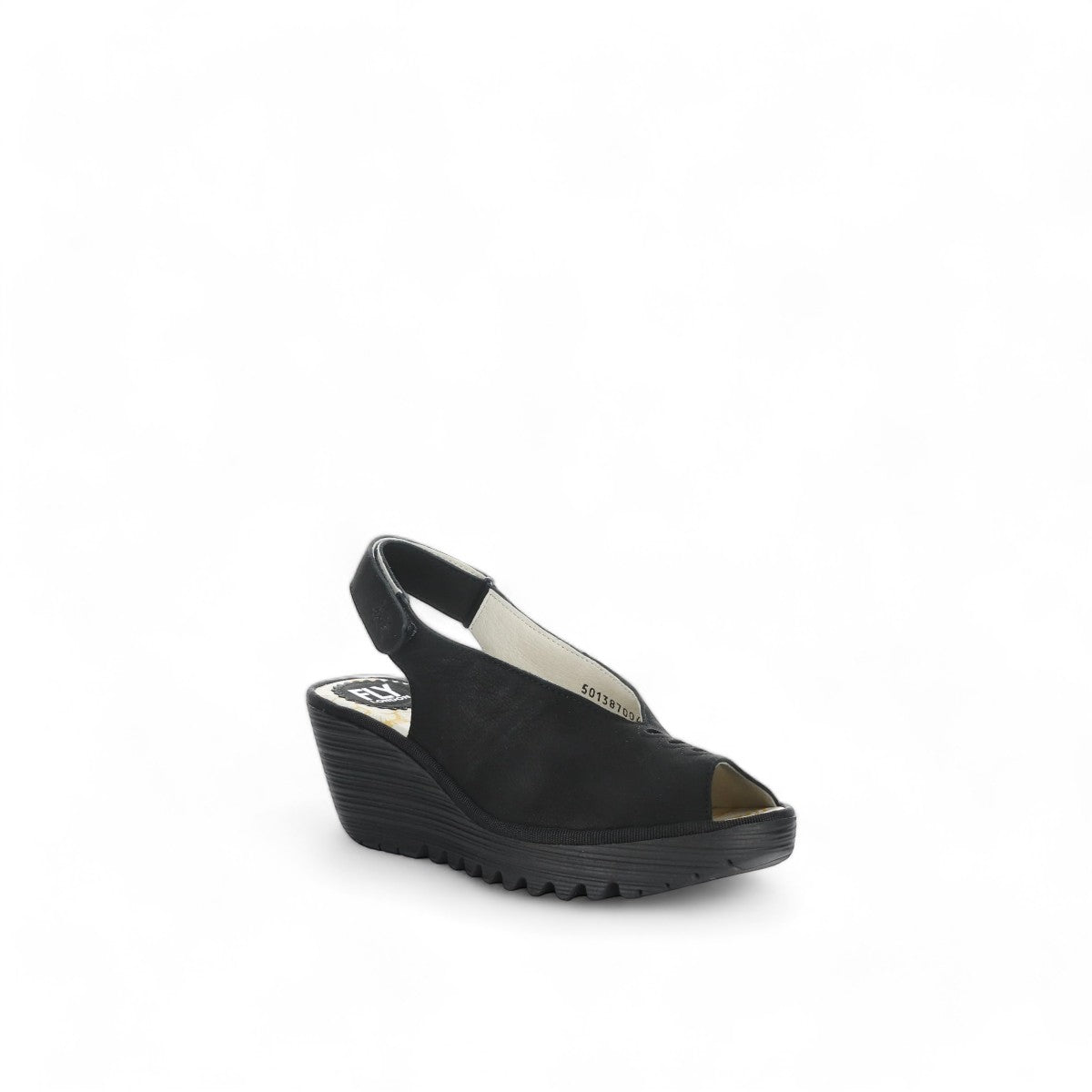 FLY LONDON black peep-toe wedge sandal with platform sole and elasticated slingback strap
