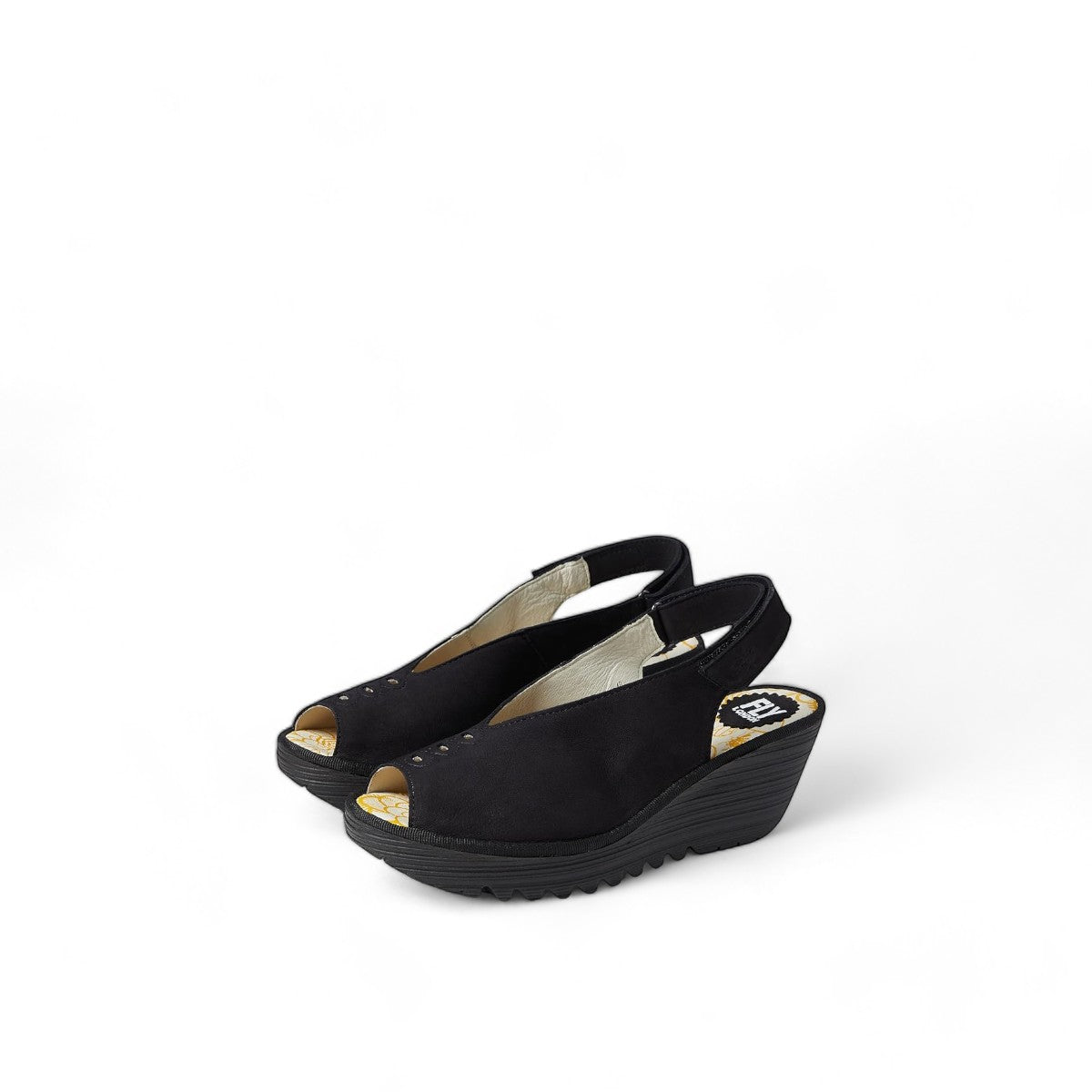 FLY LONDON black peep-toe wedge sandal with platform sole and elasticated slingback strap