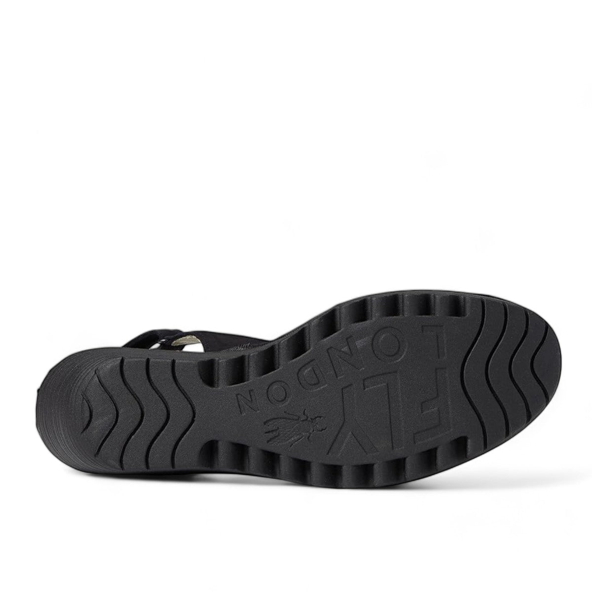 FLY LONDON black peep-toe wedge sandal with platform sole and elasticated slingback strap