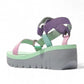 Fly London Yefa726fly/011 grey, pink, and mint green suede wedge sandal with velcro ankle strap.