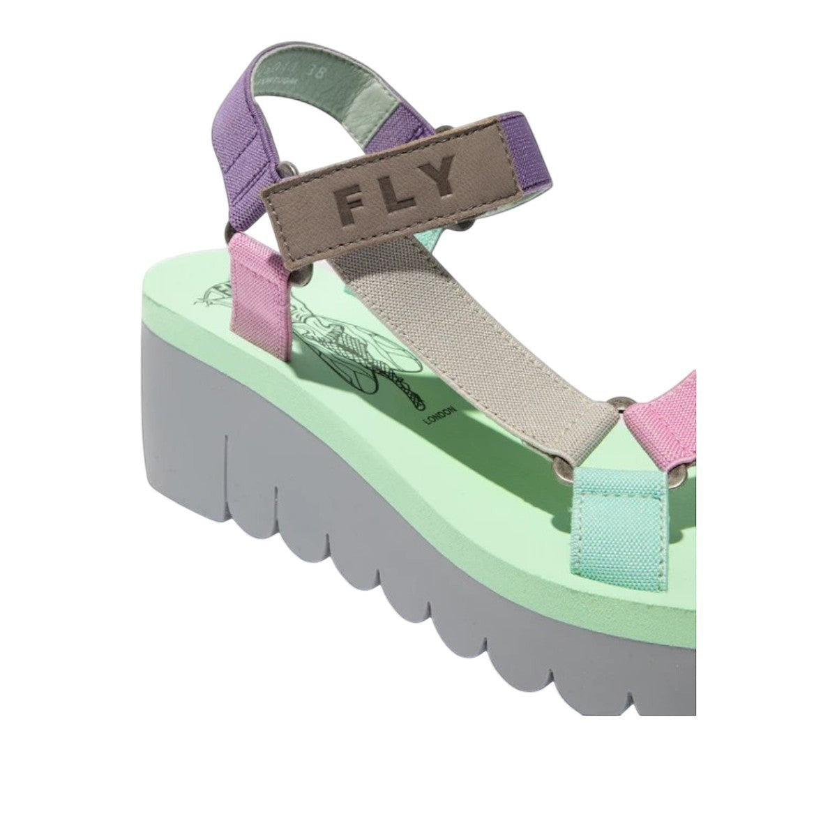 Fly London Yefa726fly/011 grey, pink, and mint green suede wedge sandal with velcro ankle strap.