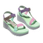Fly London Yefa726fly/011 grey, pink, and mint green suede wedge sandal with velcro ankle strap.