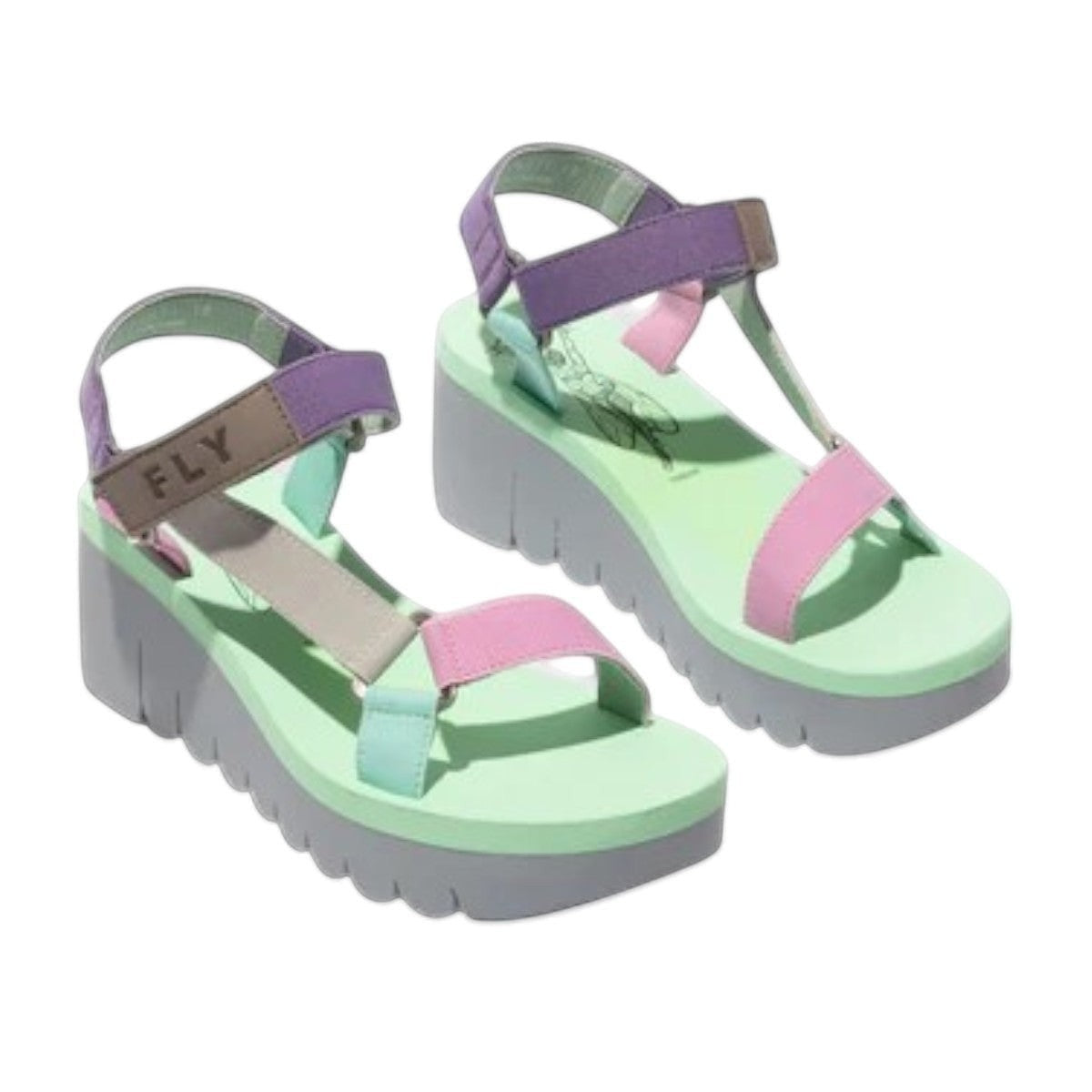 Fly London Yefa726fly/011 grey, pink, and mint green suede wedge sandal with velcro ankle strap.