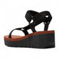 Fly London Yefa black and brick wedge sandal with adjustable textile straps and durable rubber sole