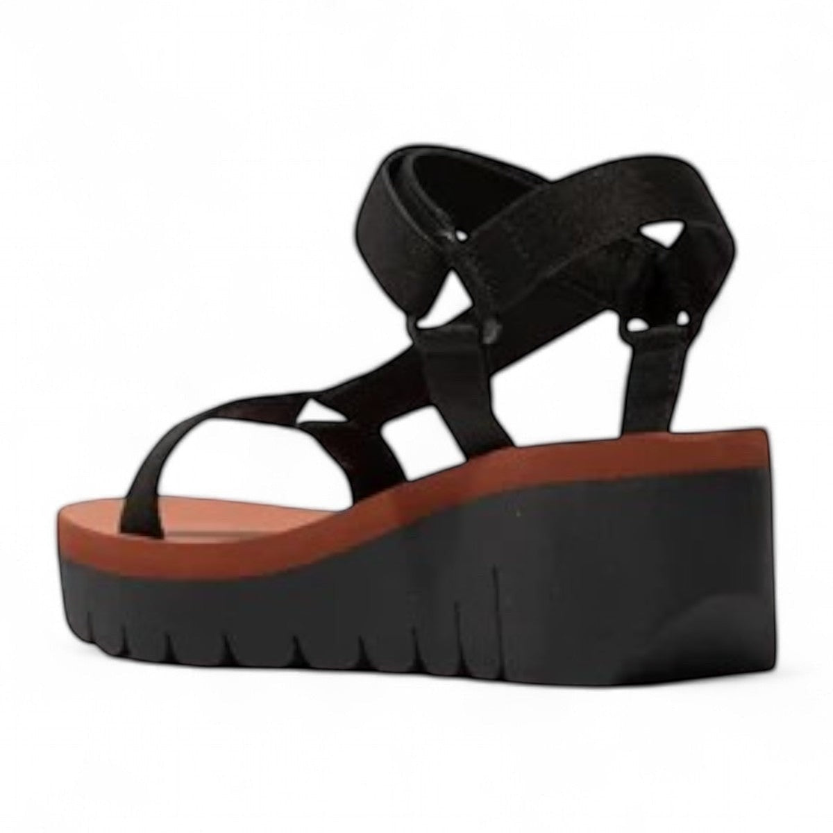 Fly London Yefa black and brick wedge sandal with adjustable textile straps and durable rubber sole
