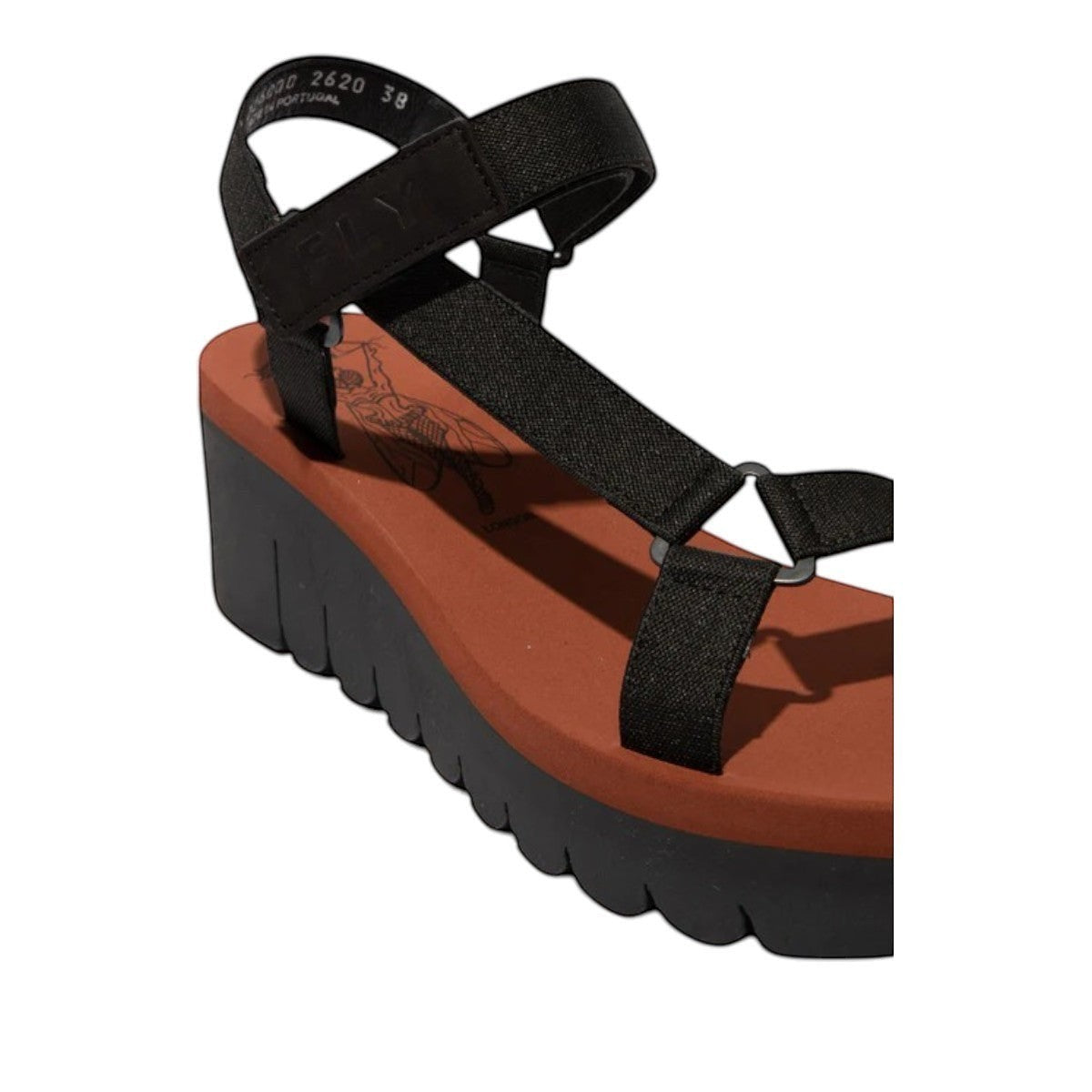 Fly London Yefa black and brick wedge sandal with adjustable textile straps and durable rubber sole