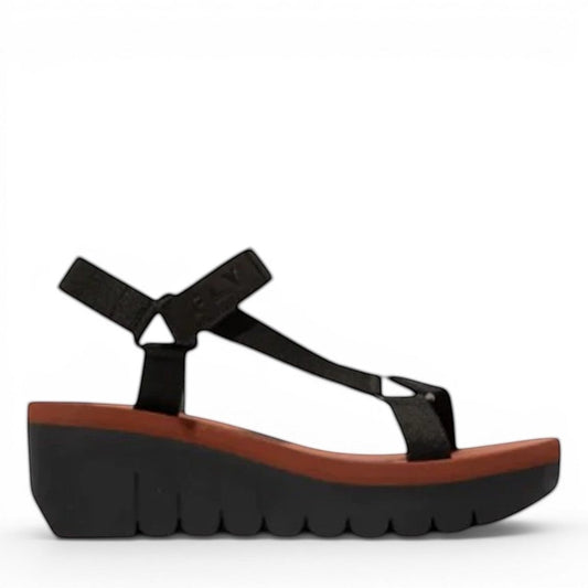 Fly London Yefa black and brick wedge sandal with adjustable textile straps and durable rubber sole