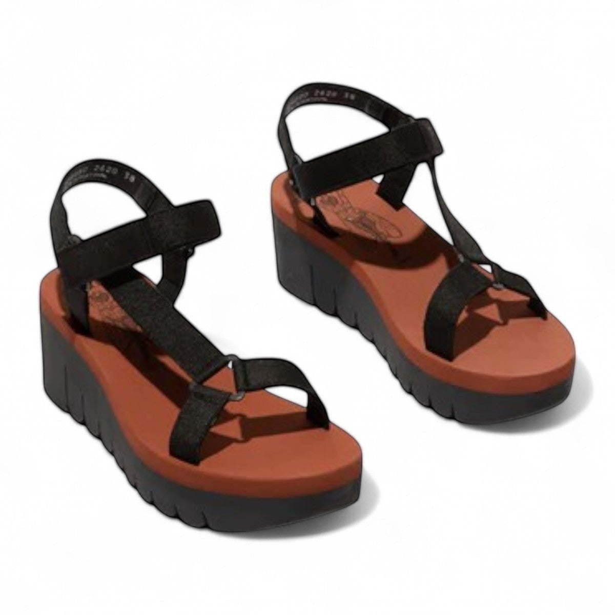 Fly London Yefa black and brick wedge sandal with adjustable textile straps and durable rubber sole