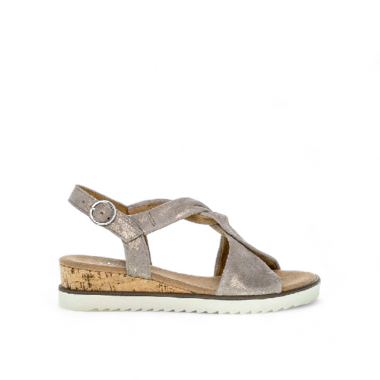 Gabor beige metallic leather wedge sandals with a twisted vamp and adjustable back strap. Photo of right side view.