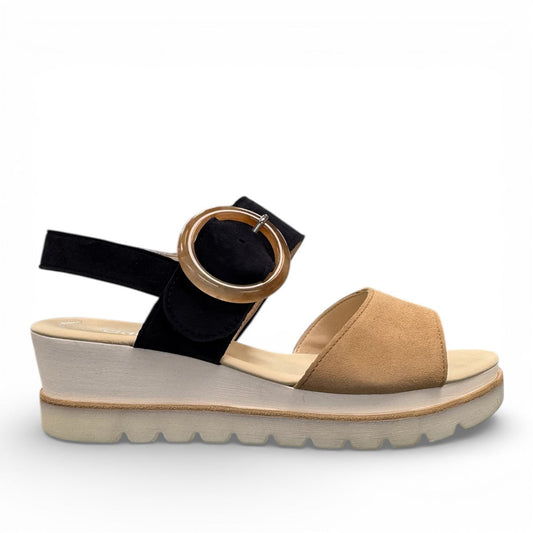 Gabor blue and beige suede platform wedge sandal with a large circular buckle and velcro strap. Photo of right side view.