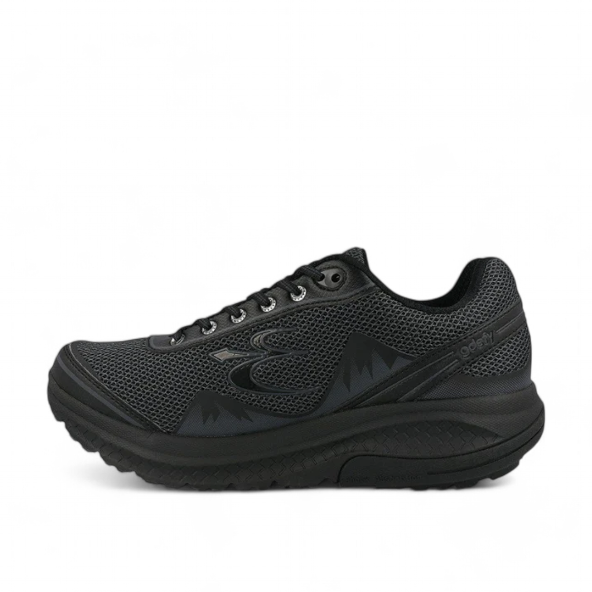 women's GDEFY Mighty Walk black athletic sneaker with breathable mesh upper and supportive rolling sole.
photo of the left side