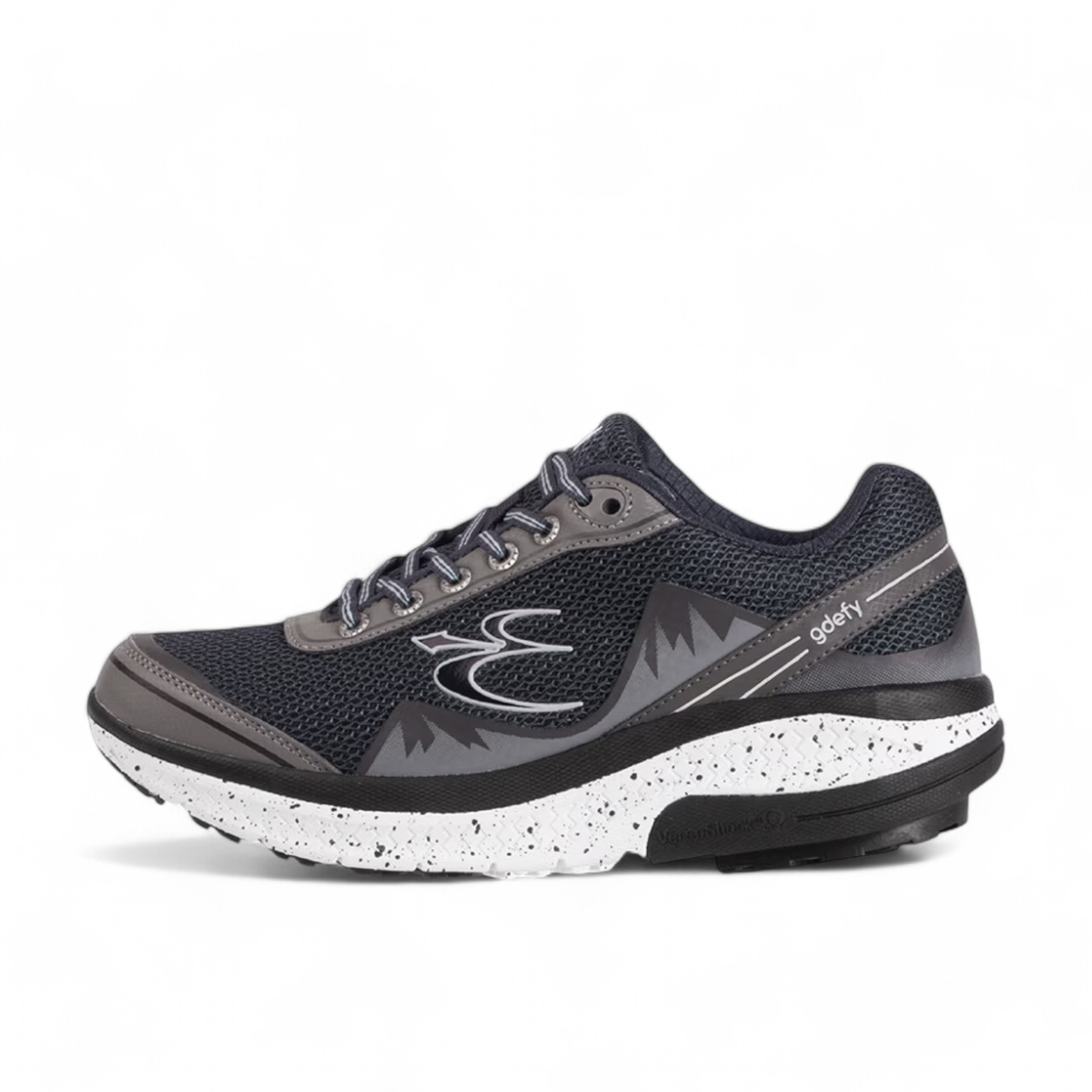 grey GDEFY Mighty Walk athletic shoe with breathable mesh, VersoShock technology, and speckled sole.
photo of the left side