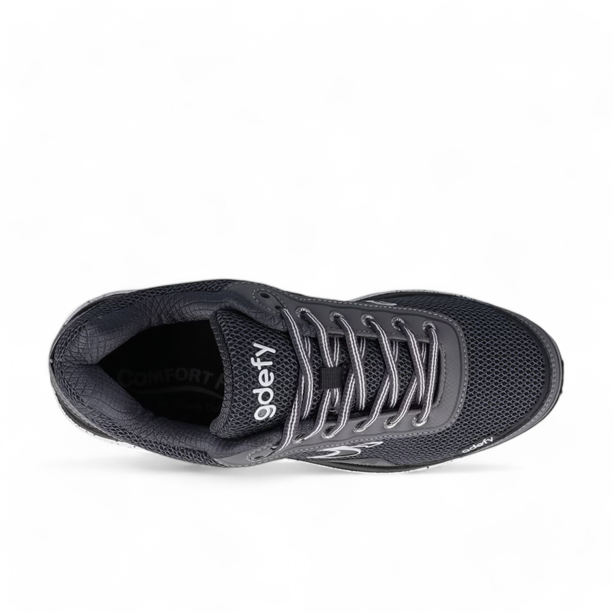 grey GDEFY Mighty Walk athletic shoe with breathable mesh, VersoShock technology, and speckled sole.
photo of the top side