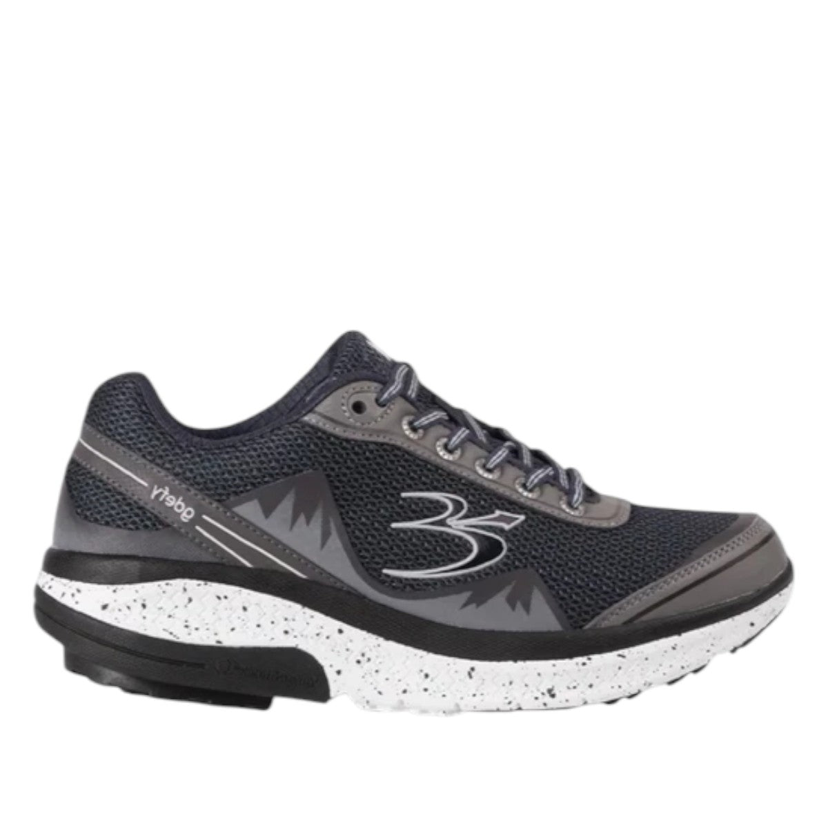 grey GDEFY Mighty Walk athletic shoe with breathable mesh, VersoShock technology, and speckled sole.
photo of the right side